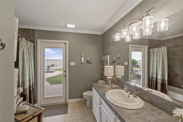 1618 Cantera Bay, Corpus Christi, TX 78418 - full bathroom featuring vanity, crown molding, tile patterned flooring, a shower with shower curtain, and toilet