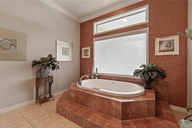 1618 Cantera Bay, Corpus Christi, TX 78418 - bathroom with a bath, tile patterned floors, crown molding, baseboards, and healthy amount of natural light