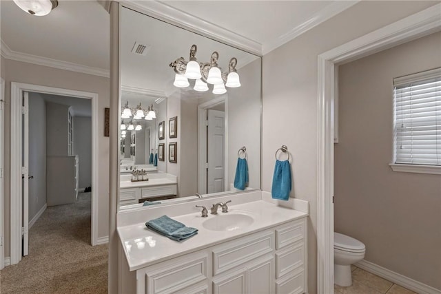 1618 Cantera Bay, Corpus Christi, TX 78418 - bathroom featuring crown molding, toilet, vanity, and baseboards