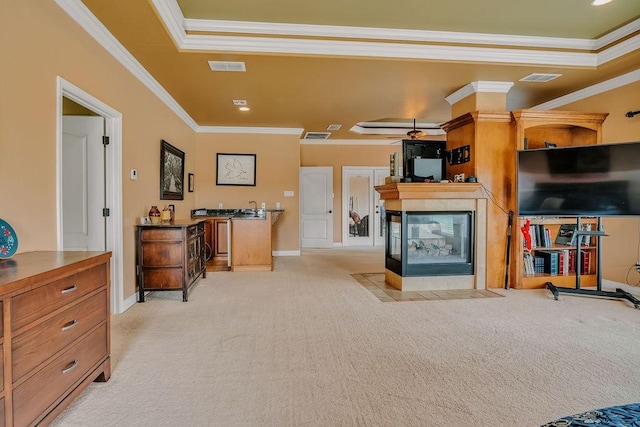 5325 Wild Olive, Corpus Christi, TX 78413 - bedroom with ornamental molding, light carpet, a multi sided fireplace, and baseboards