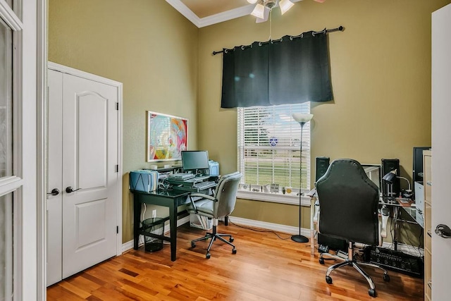 5325 Wild Olive, Corpus Christi, TX 78413 - office featuring crown molding, ceiling fan, wood finished floors, and baseboards