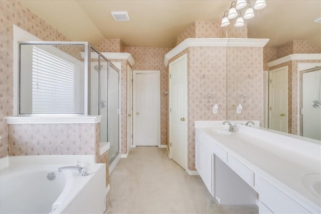 6709 Pembrock, Corpus Christi, TX 78414 - bathroom with a shower stall, double vanity, a bath, wallpapered walls, and lofted ceiling