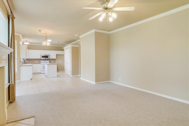 6709 Pembrock, Corpus Christi, TX 78414 - unfurnished living room featuring ornamental molding, light carpet, a sink, a ceiling fan, and baseboards