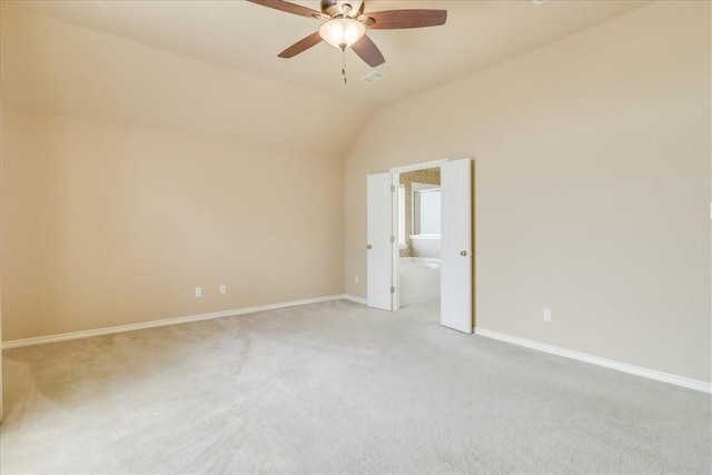 6709 Pembrock, Corpus Christi, TX 78414 - empty room featuring a ceiling fan, light colored carpet, lofted ceiling, and baseboards