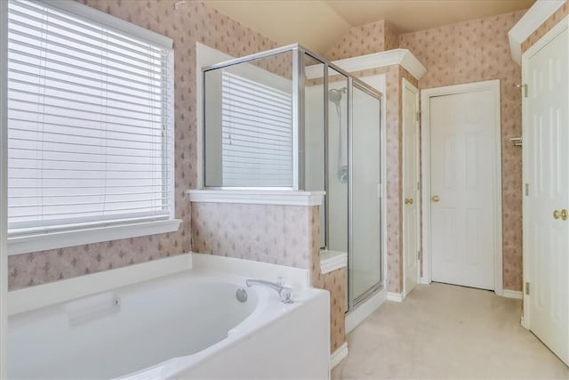 6709 Pembrock, Corpus Christi, TX 78414 - full bathroom featuring wallpapered walls, a stall shower, healthy amount of natural light, and a bath
