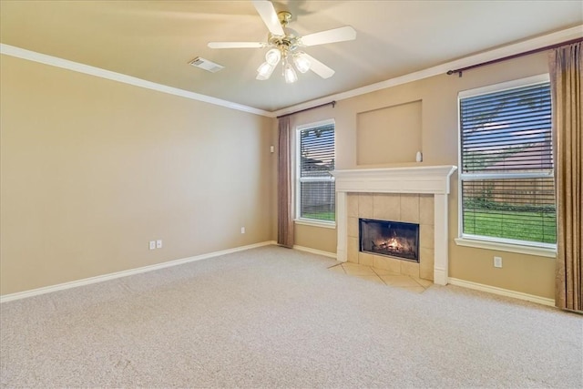 6709 Pembrock, Corpus Christi, TX 78414 - unfurnished living room with carpet flooring, a fireplace, crown molding, baseboards, and ceiling fan