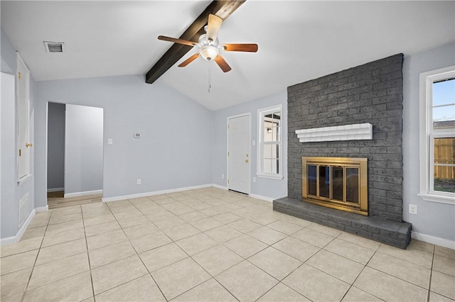 unfurnished living room featuring a fireplace, vaulted ceiling with beams, ceiling fan, and light tile patterned flooring