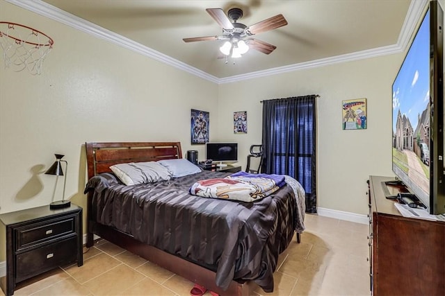 4530 Ballad Tree Dr, Corpus Christi, TX 78410 - bedroom with ornamental molding, baseboards, light tile patterned flooring, and a ceiling fan