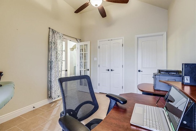 4530 Ballad Tree Dr, Corpus Christi, TX 78410 - office featuring a ceiling fan, high vaulted ceiling, light tile patterned floors, and baseboards