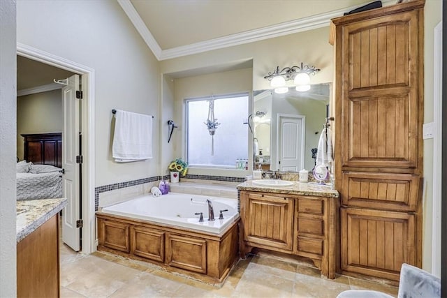 4530 Ballad Tree Dr, Corpus Christi, TX 78410 - ensuite bathroom with crown molding, vanity, a whirlpool tub, and tile patterned flooring