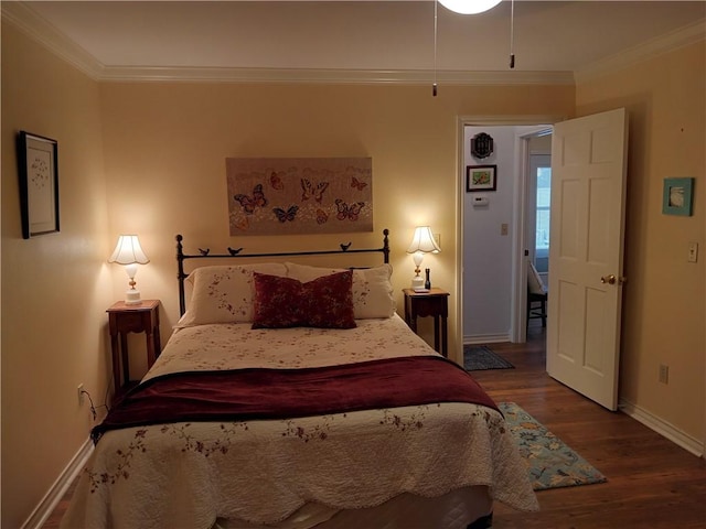 bedroom featuring wood-type flooring and crown molding