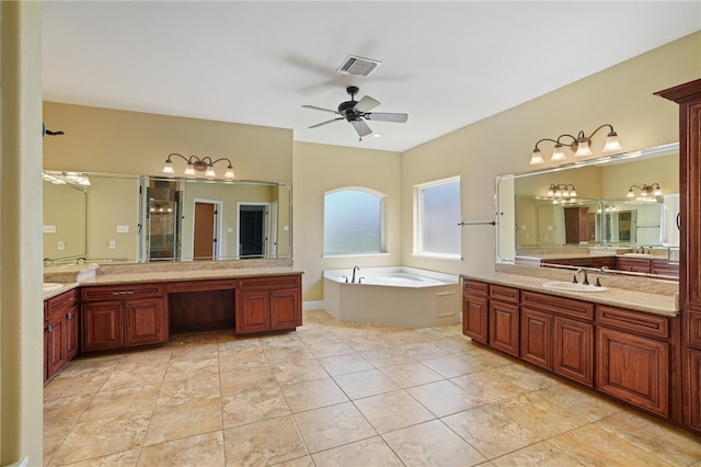 bathroom featuring vanity, ceiling fan, shower with separate bathtub, and tile patterned flooring