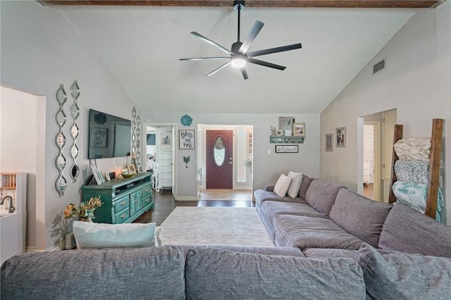 6205 Londonderry Dr, Corpus Christi, TX 78415 - living room with a ceiling fan, dark wood-style flooring, and high vaulted ceiling