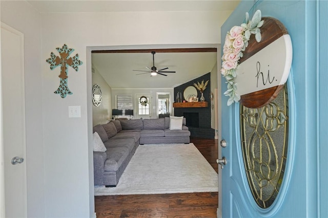 6205 Londonderry Dr, Corpus Christi, TX 78415 - living area with dark wood finished floors, ceiling fan, and lofted ceiling