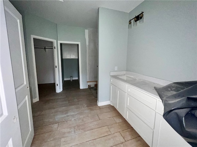 bathroom with wood-type flooring