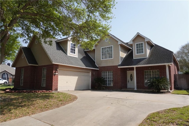 view of front of home with brick siding, concrete driveway, a shingled roof, and a garage