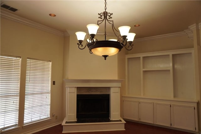 unfurnished living room with ornamental molding, visible vents, an inviting chandelier, and a fireplace with raised hearth