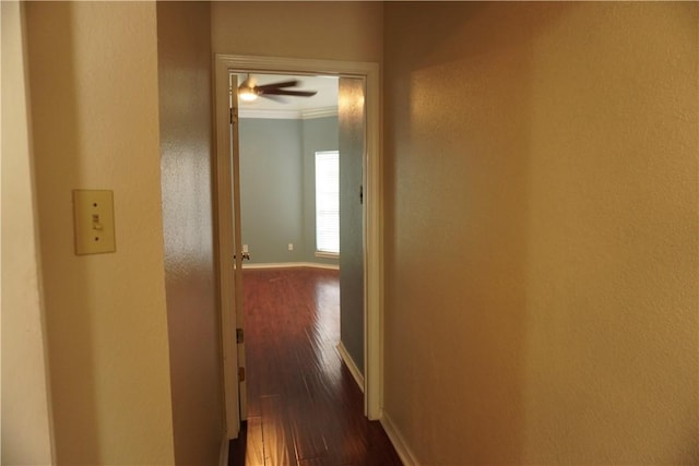 hall with dark wood finished floors, baseboards, and ornamental molding