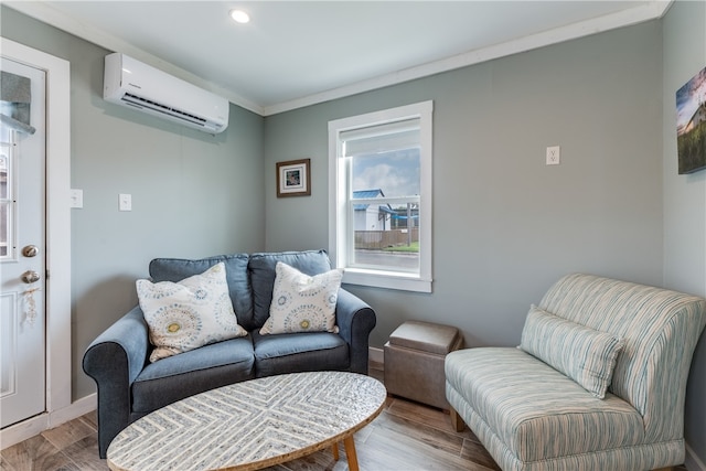 living room featuring wood-type flooring, crown molding, and a wall mounted air conditioner