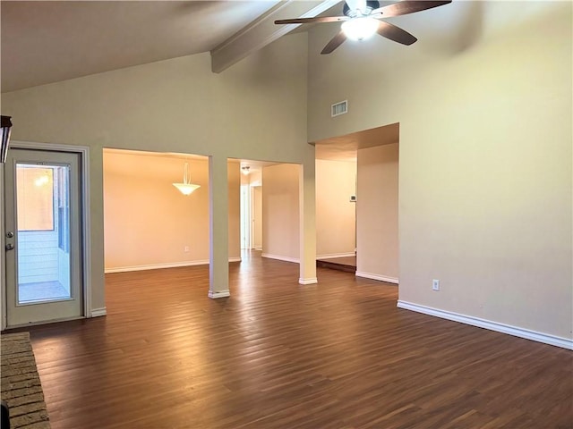 spare room with beamed ceiling, ceiling fan, dark hardwood / wood-style flooring, and high vaulted ceiling