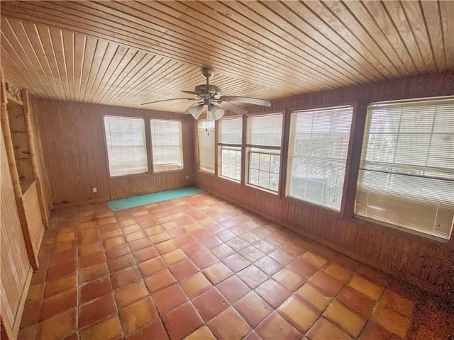 unfurnished sunroom featuring wooden ceiling and ceiling fan