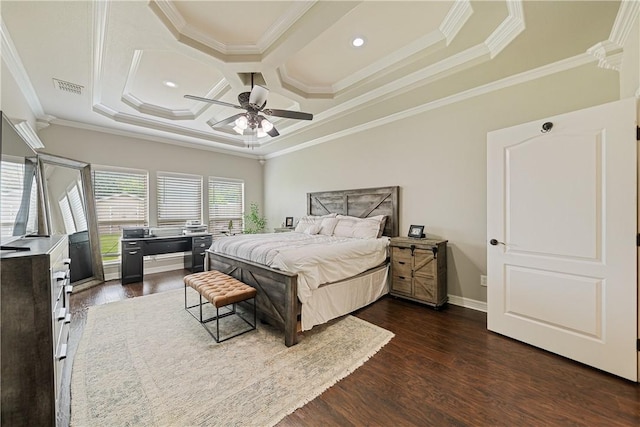 11330 Brendel, Corpus Christi, TX 78410 - bedroom with crown molding, dark wood-style flooring, coffered ceiling, ceiling fan, and recessed lighting