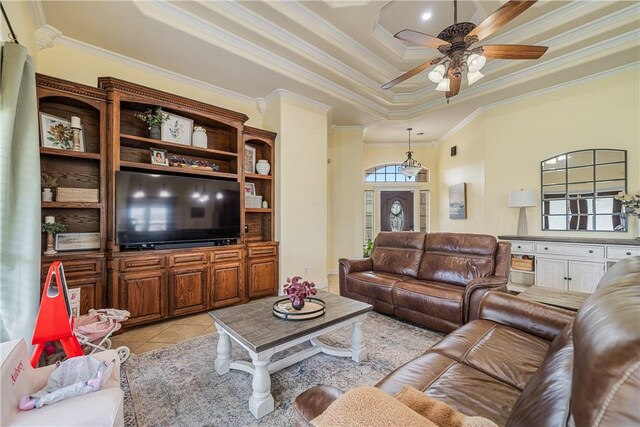 11330 Brendel, Corpus Christi, TX 78410 - living area featuring crown molding, light tile patterned floors, ceiling fan, and a tray ceiling