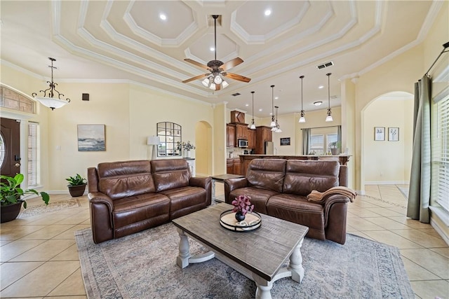 11330 Brendel, Corpus Christi, TX 78410 - living area featuring arched walkways, light tile patterned floors, ornamental molding, ceiling fan, and recessed lighting