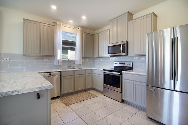 2063 Wind Chime Way, New Braunfels, TX 78130 - kitchen with tasteful backsplash, a sink, light tile patterned floors, appliances with stainless steel finishes, and gray cabinetry