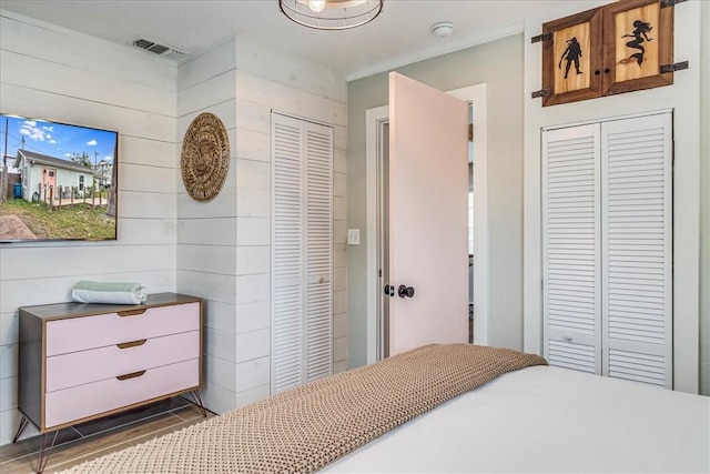 bedroom featuring two closets and wood walls