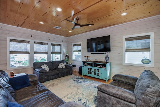 living room with wood walls and wooden ceiling