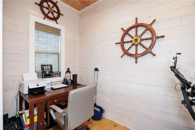 home office with wood-type flooring, wooden walls, and wood ceiling