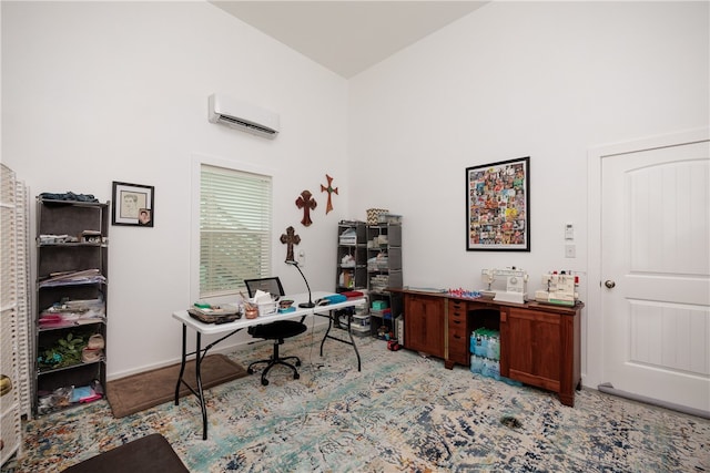 carpeted home office featuring a wall unit AC