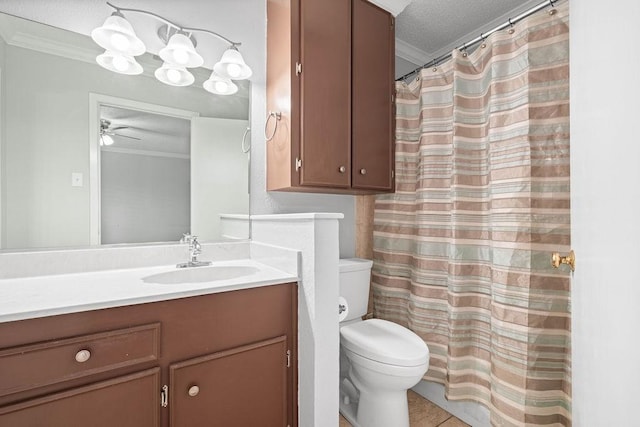 10710 Atlanta St, Corpus Christi, TX 78410 - bathroom featuring crown molding, toilet, a textured ceiling, vanity, and ceiling fan