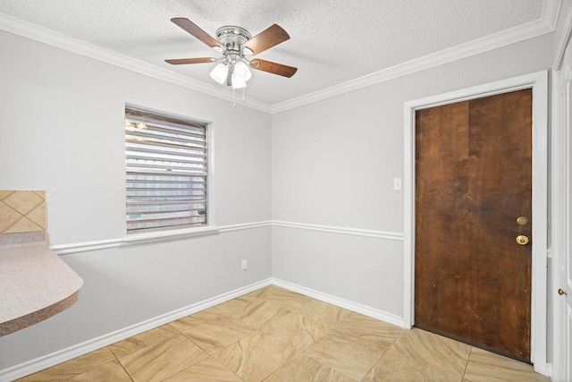 10710 Atlanta St, Corpus Christi, TX 78410 - unfurnished room featuring ceiling fan, a textured ceiling, baseboards, and ornamental molding