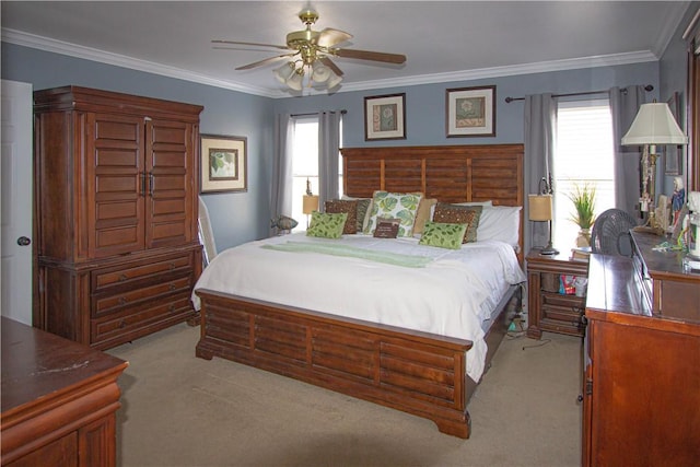 bedroom with crown molding, multiple windows, a ceiling fan, and light carpet