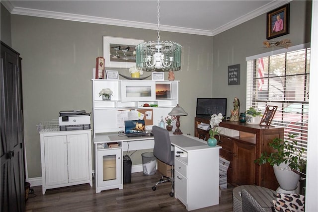 office space with dark wood-style floors, ornamental molding, and a chandelier