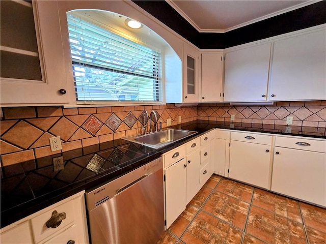 515 Deforrest St, Corpus Christi, TX 78404 - kitchen with dishwasher, dark countertops, tasteful backsplash, white cabinets, and ornamental molding