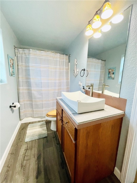 343 Bracht, Rockport, TX 78382 - full bathroom with wood finished floors, toilet, vanity, a shower with shower curtain, and baseboards
