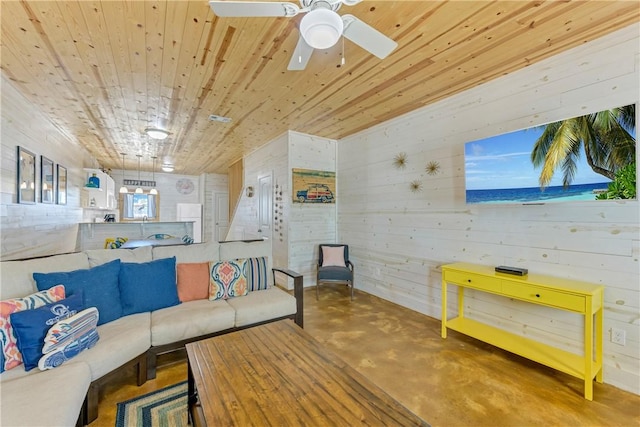 living room with concrete flooring, wooden ceiling, and ceiling fan