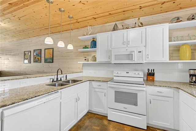 kitchen featuring white cabinetry, sink, pendant lighting, and white appliances