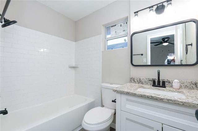 full bathroom with bathtub / shower combination, vanity, toilet, and ceiling fan