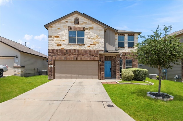 10343 Rosalina Loop, Converse, TX 78109 - view of front of house with a garage, concrete driveway, a front lawn, brick siding, and board and batten siding