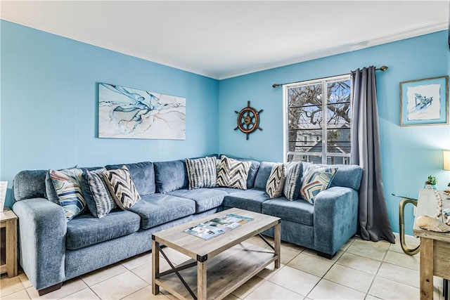 living area with light tile patterned floors and crown molding