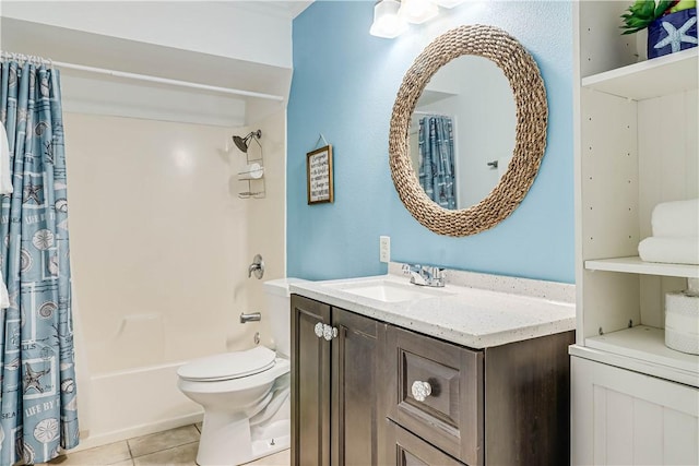 full bath with vanity, shower / bathtub combination with curtain, toilet, and tile patterned floors