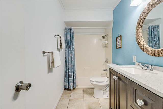 full bath with baseboards, toilet, tile patterned floors, shower / bath combination with curtain, and vanity