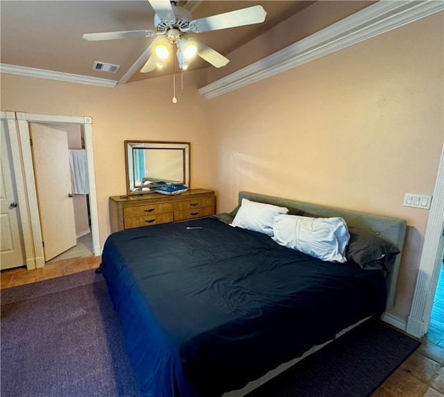 bedroom with ceiling fan and ornamental molding