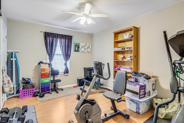 14970 Topgallant St, Corpus Christi, TX 78418 - exercise room featuring ceiling fan and wood finished floors