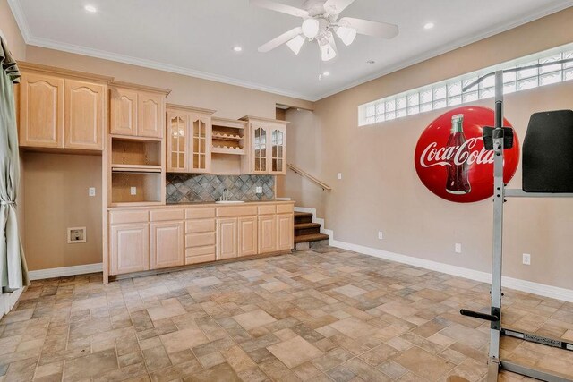 4950 Deer Park, Corpus Christi, TX 78413 - kitchen with light brown cabinetry, stone tile flooring, a ceiling fan, plenty of natural light, and recessed lighting