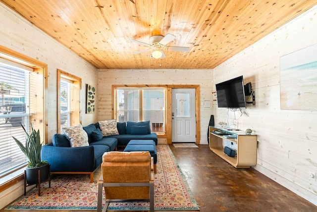 2120 S 11th St Unit 404, Port Aransas, TX 78373 - living area featuring finished concrete flooring, ceiling fan, wooden ceiling, and wooden walls